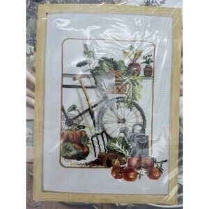 VTG Permian Of Copenhagen cross stitch Kit DMC 12-1151 26x37 Bicycle Garden Veg